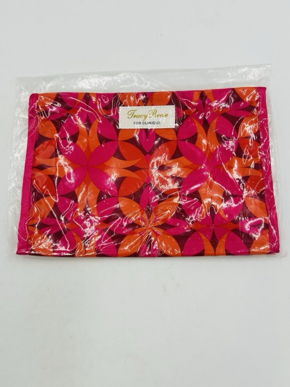 Tracy Reese Clinique Pink Orange Geometric Cosmetic Bag Makeup Travel 9x6 NEW